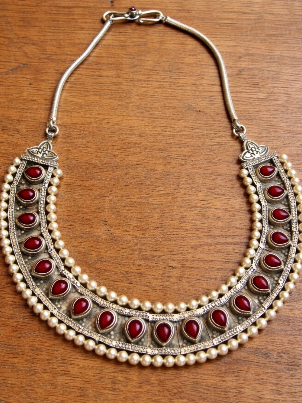 Garnet Teardrop Statement Bib Necklace Silver Tone Vintage Inspired